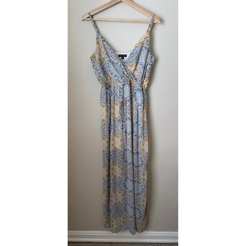 As U Wish Womens Blue Yellow Mediterranean Tile Print Maxi Dress V-Neck Medium